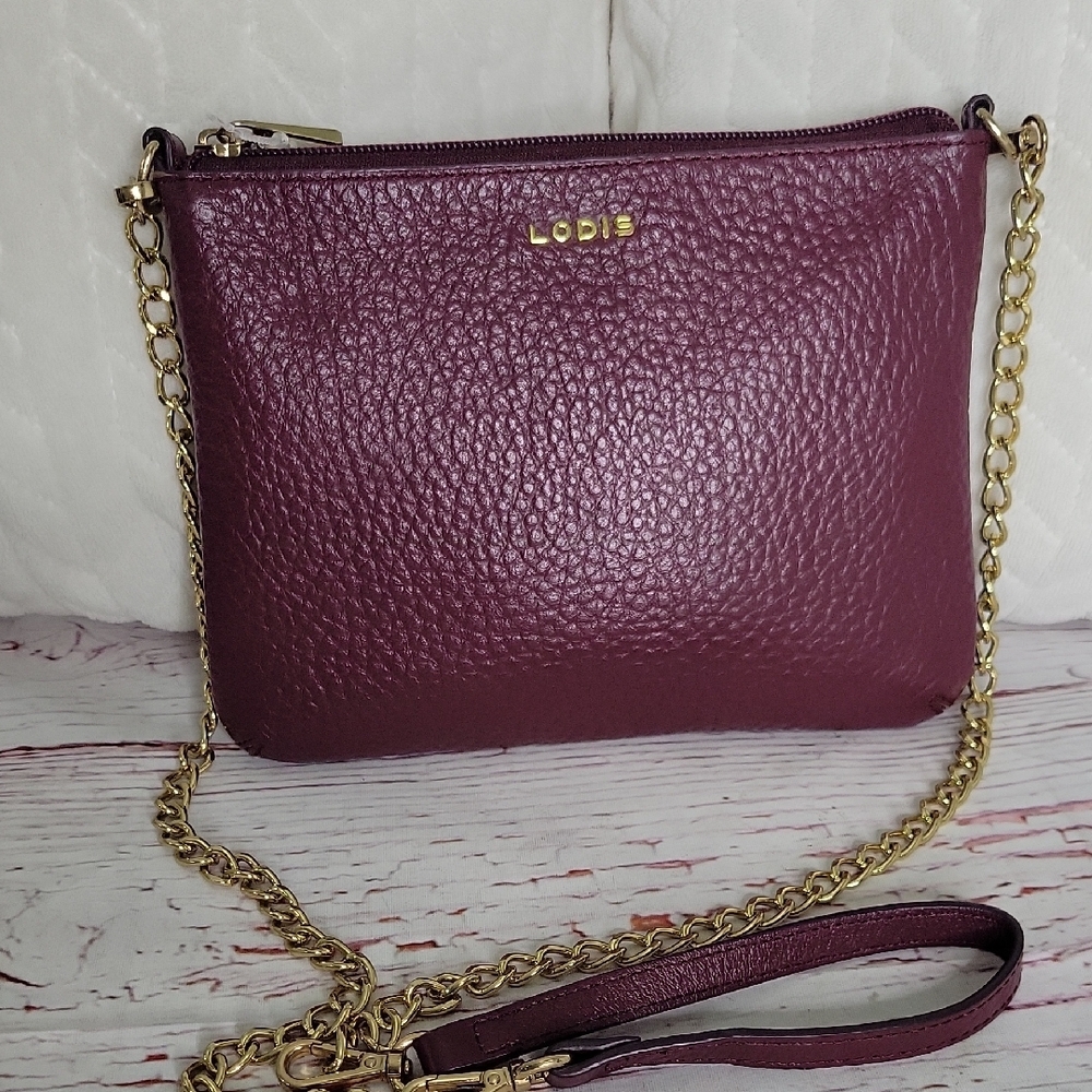Lodis Burgundy Leather Crossbody Bag with Gold Chain